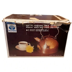 New In Box DAEWOO Vintage Solid Copper Teapot w/ Nickel Lining & Wood Ha…